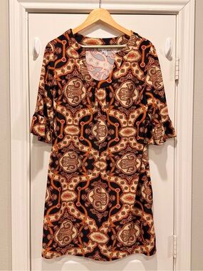 Jude Connally Ona Orange Black Tan Arch Shift Dress 3/4 Sleeves Size XL Comfort